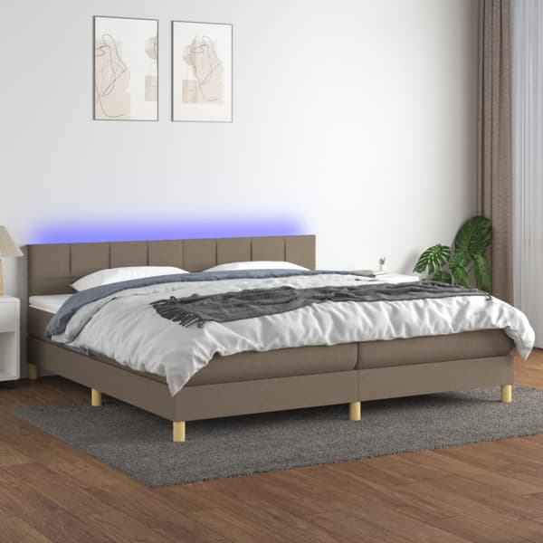 Ramsäng med madrass & LED taupe 200x200 cm tyg