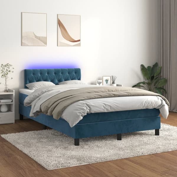 Ramsäng med madrass & LED mörkblå 120x200 cm sammet