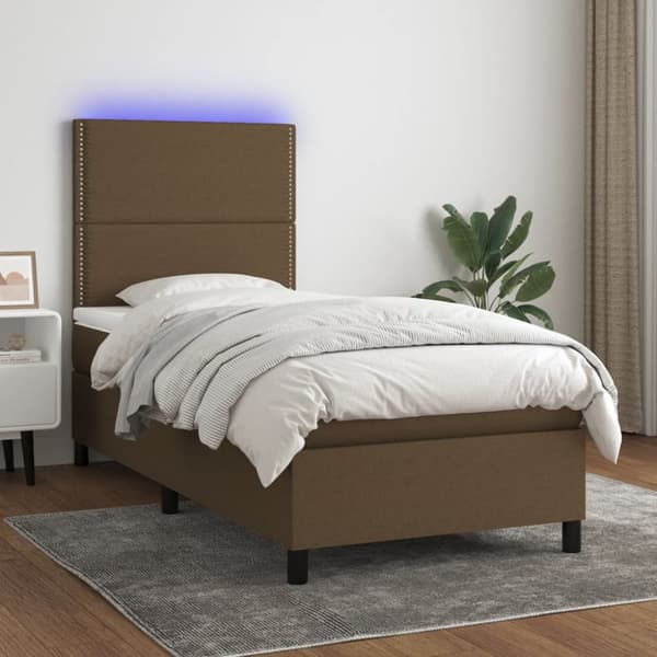 Ramsäng med madrass & LED mörkbrun 90x190 cm tyg