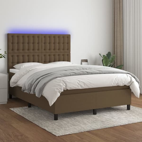 Ramsäng med madrass & LED mörkbrun 140x200 cm tyg
