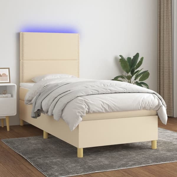 Ramsäng med madrass & LED gräddvit 90x200 cm tyg