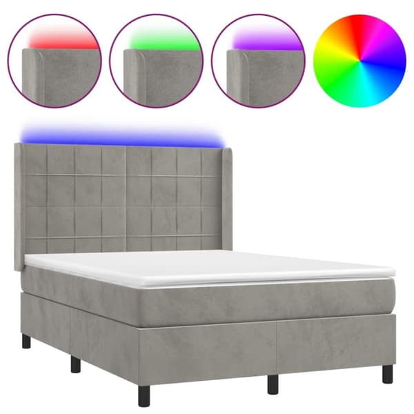 Ramsäng med madrass & LED ljusgrå 140x200 cm sammet