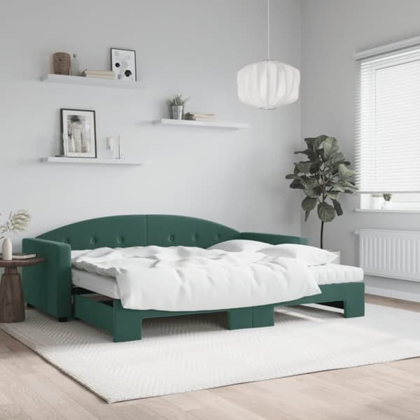 Dagbädd utdragbar med madrasser mörkgrön 90x200 cm sammet