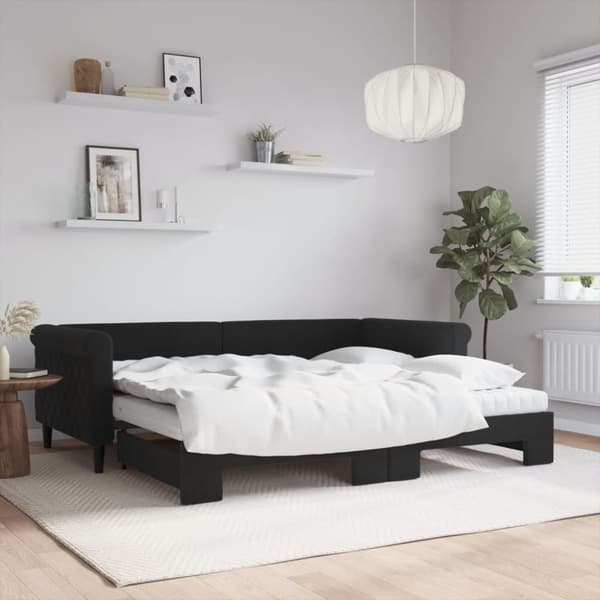 Dagbädd utdragbar med madrasser svart 90x200 cm sammet