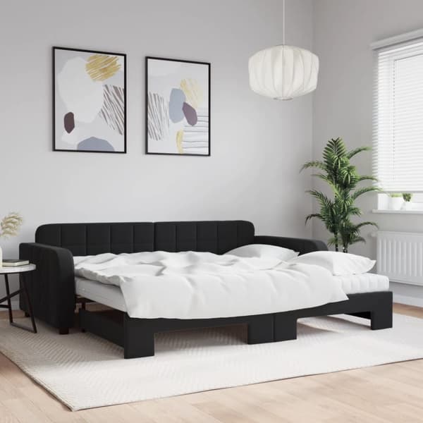 Dagbädd utdragbar med madrasser svart 90x200 cm sammet