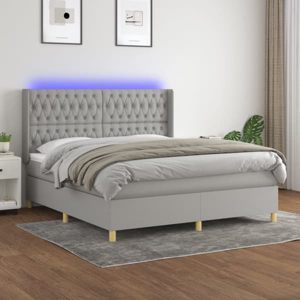 Ramsäng med madrass & LED ljusgrå 160x200 cm tyg