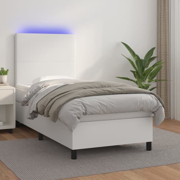 Ramsäng med madrass & LED vit 100x200 cm konstläder