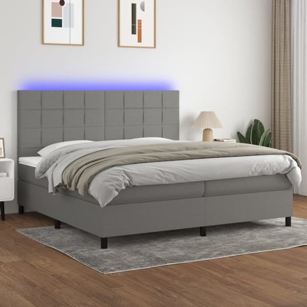 Ramsäng med madrass & LED mörkgrå 200x200 cm tyg