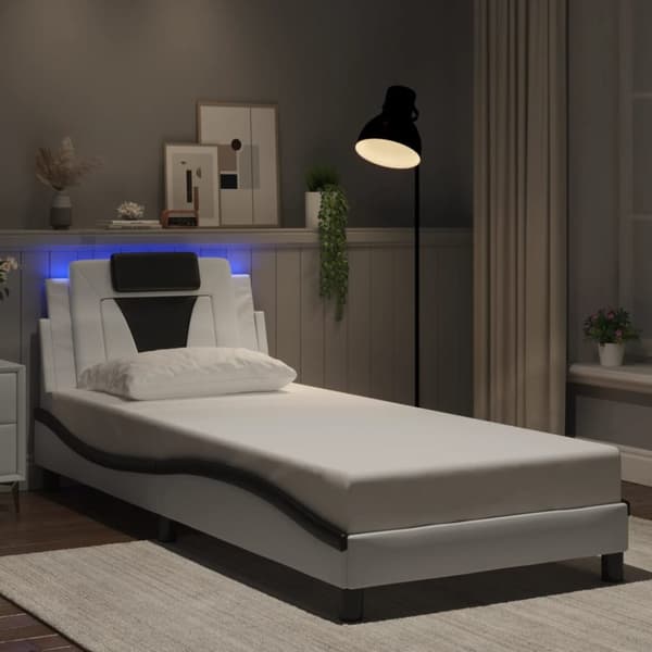 Sängram med LED-belysning vit och svart 90x190 cm konstläder