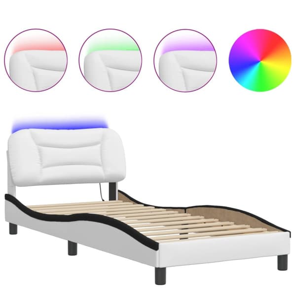 Sängram med LED-belysning vit och svart 90x190 cm konstläder