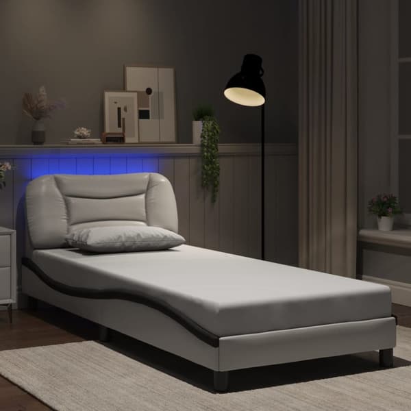 Sängram med LED-belysning vit och svart 90x190 cm konstläder