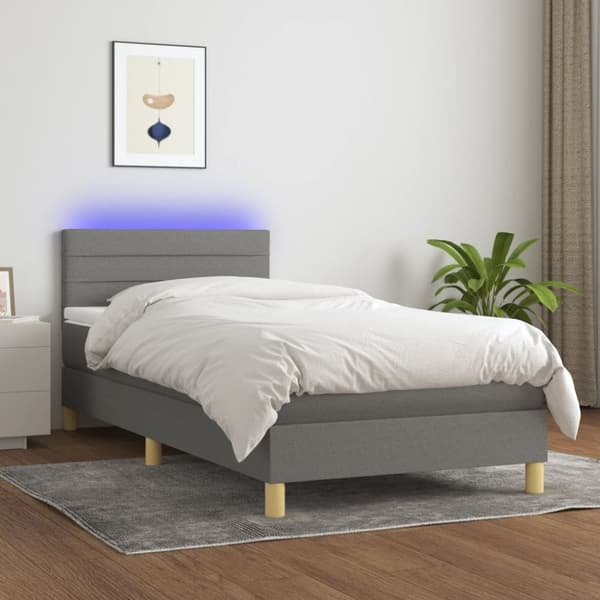 Ramsäng med madrass & LED mörkgrå 90x190 cm tyg
