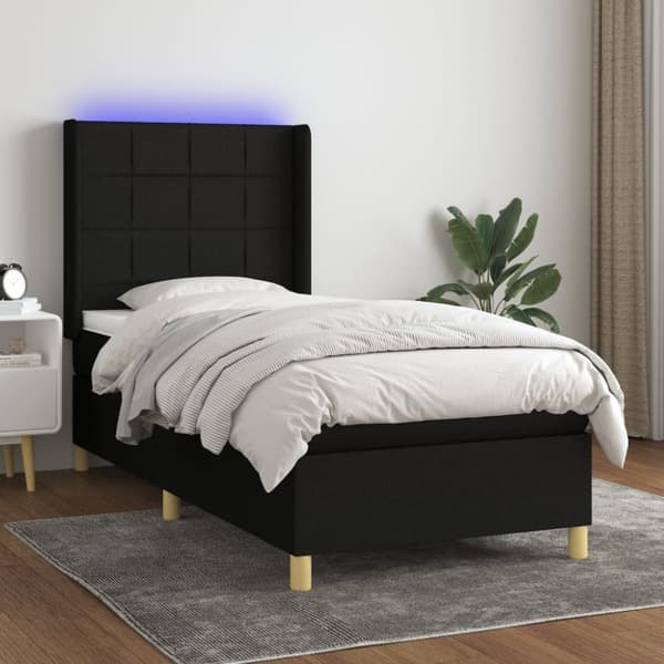 Ramsäng med madrass & LED svart 90x200 cm tyg