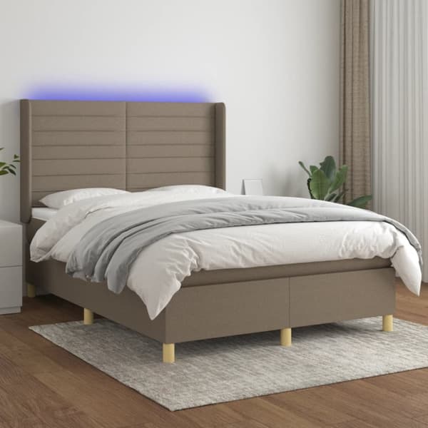 Ramsäng med madrass & LED taupe 140x200 cm tyg