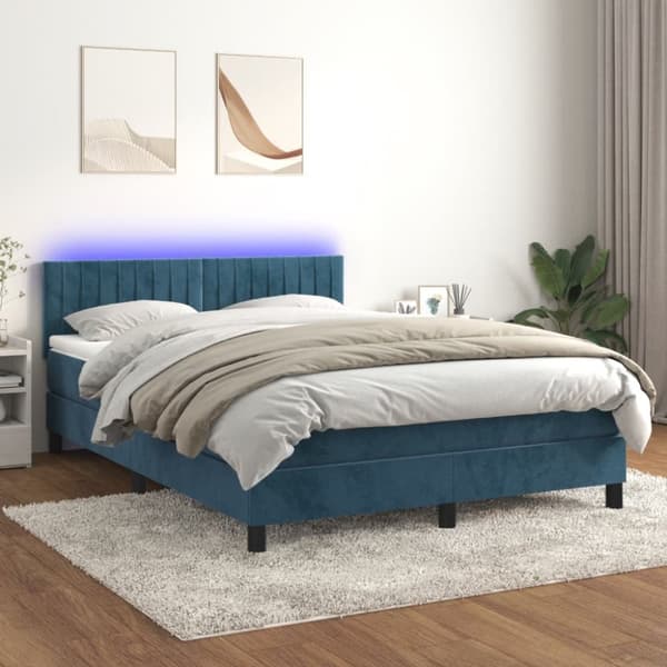 Ramsäng med madrass & LED mörkblå 140x190 cm sammet