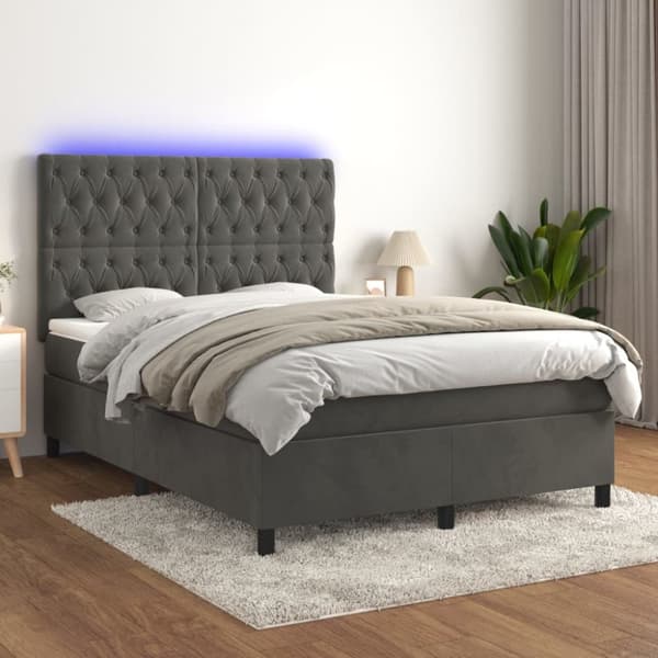 Ramsäng med madrass & LED mörkgrå 140x200 cm sammet