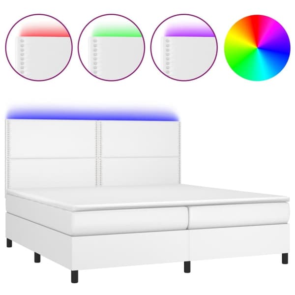 Ramsäng med madrass & LED vit 200x200 cm konstläder