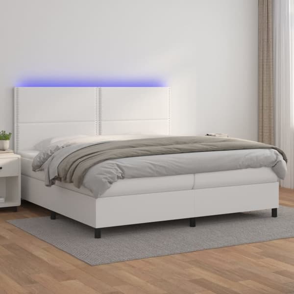 Ramsäng med madrass & LED vit 200x200 cm konstläder