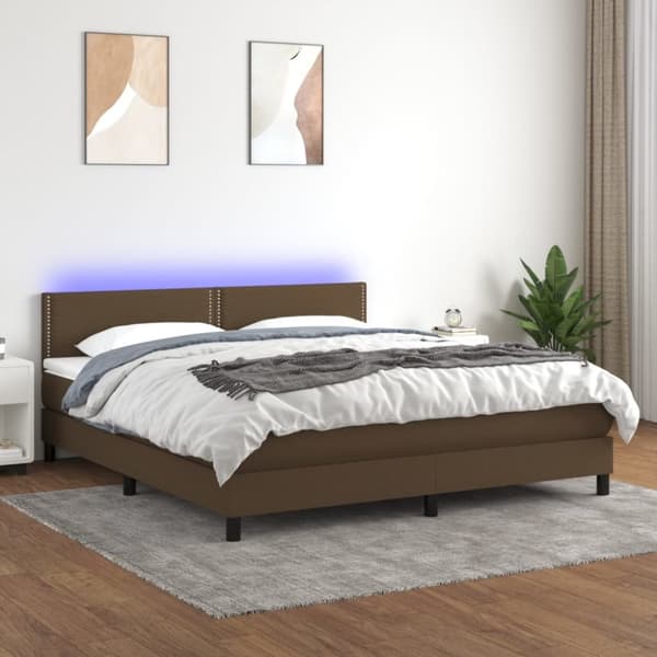 Ramsäng med madrass & LED mörkbrun 160x200 cm tyg