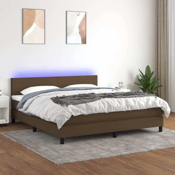 Ramsäng med madrass & LED mörkbrun 160x200 cm tyg