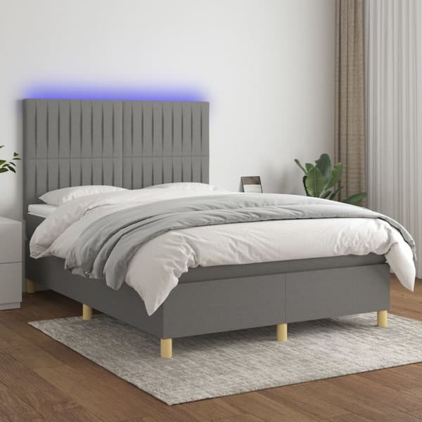 Ramsäng med madrass & LED mörkgrå 140x190 cm tyg