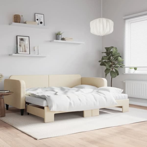 Dagbädd utdragbar med madrasser gräddvit 90x200 cm tyg