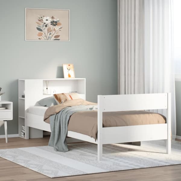 Säng med bokhylla utan madrass vit 100x200cm massiv furu