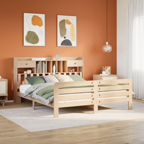 Säng med bokhylla utan madrass 200x200cm massiv furu