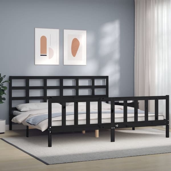 Sängram med huvudgavel svart 200x200 cm massivt trä
