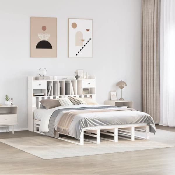 Säng med bokhylla utan madrass vit 140x200cm massiv furu