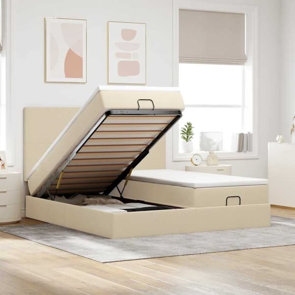 Ottoman sängram med madrasser gräddvit 200x200 cm tyg