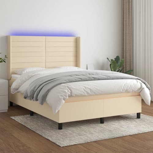 Ramsäng med madrass & LED gräddvit 140x190 cm tyg