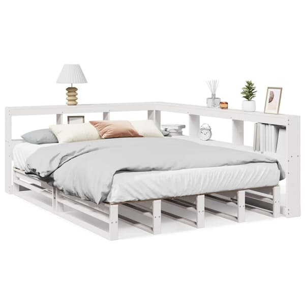 Säng med bokhylla utan madrass vit 160x200cm massiv furu