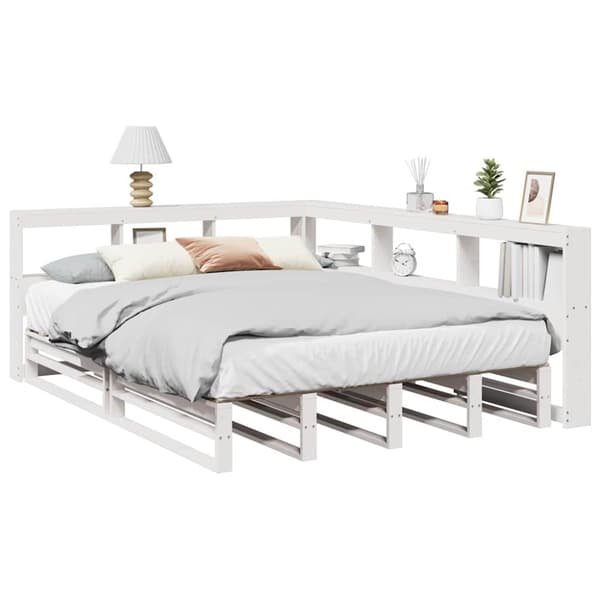 Säng med bokhylla utan madrass vit 160x200cm massiv furu