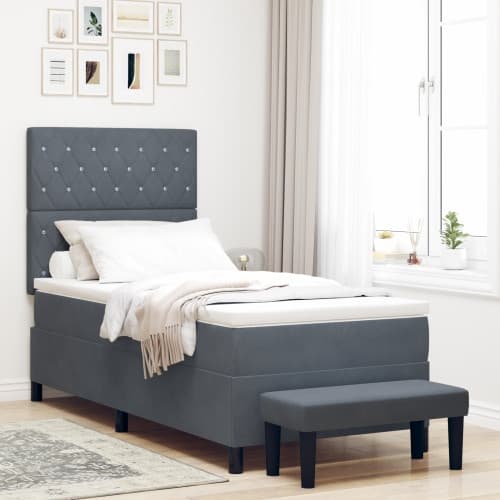 Boxfjädersäng med madrass och bänk Mörkgrå 90x200 cm Sammet