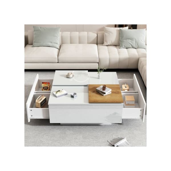 Modern fyrkantig soffbord i glänsande vitt trä, bordsskiva 75*75*33,5 cm, liten utdragbar bricka, max. belastning 30 kg