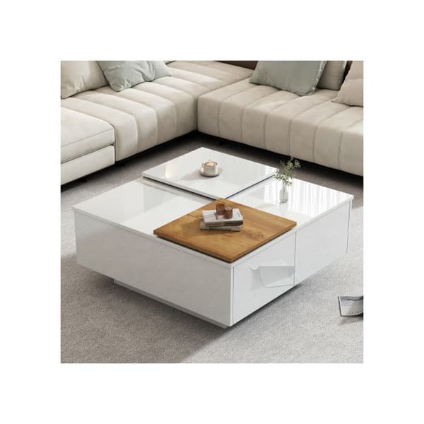 Modern fyrkantig soffbord i glänsande vitt trä, bordsskiva 75*75*33,5 cm, liten utdragbar bricka, max. belastning 30 kg