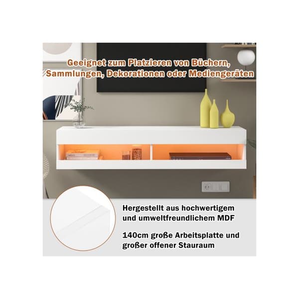 TV-möbel med LED-belysning, vit, 140x40x30,5 cm, vit