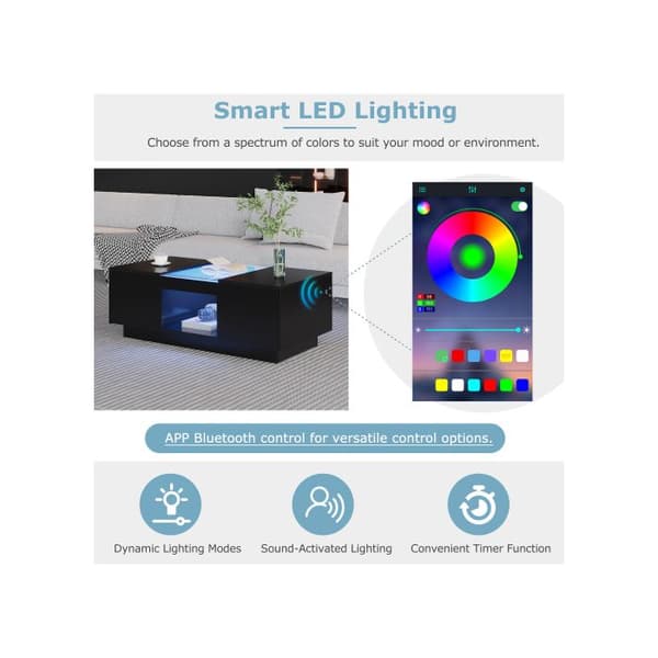 Svart soffbord 100x50x35,5 cm - med glaslock, LED-belysning, 2 lådor och 1 öppen fack