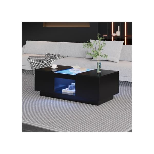 Svart soffbord 100x50x35,5 cm - med glaslock, LED-belysning, 2 lådor och 1 öppen fack