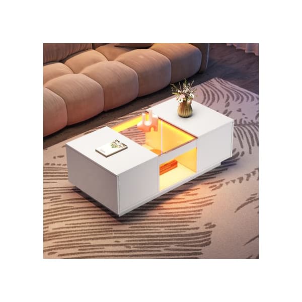 Vit bord 100x50x35,5 cm - med glaslock, LED-belysning, 2 lådor och 1 öppet fack