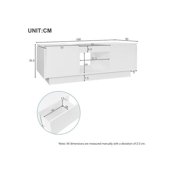 Vit bord 100x50x35,5 cm - med glaslock, LED-belysning, 2 lådor och 1 öppet fack