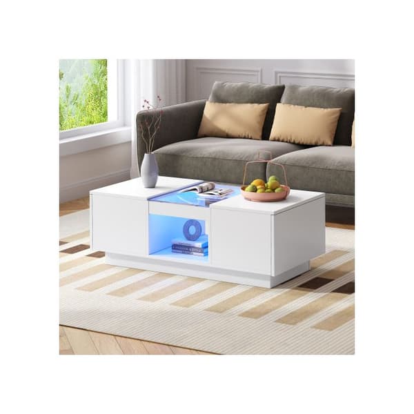 Vit bord 100x50x35,5 cm - med glaslock, LED-belysning, 2 lådor och 1 öppet fack