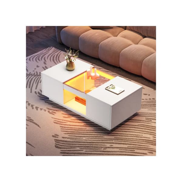 Vit bord 100x50x35,5 cm - med glaslock, LED-belysning, 2 lådor och 1 öppet fack