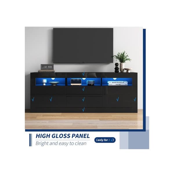 160*35*60cm TV-möbel med glänsande yta och LED-belysning, 3 öppna fack, 2 dörrar, 2 lådor