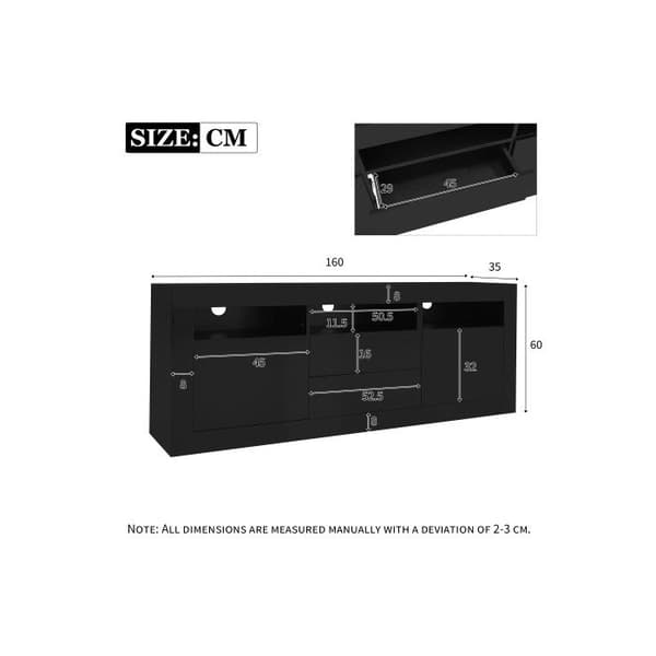 160*35*60cm TV-möbel med glänsande yta och LED-belysning, 3 öppna fack, 2 dörrar, 2 lådor