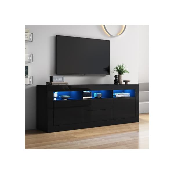 160*35*60cm TV-möbel med glänsande yta och LED-belysning, 3 öppna fack, 2 dörrar, 2 lådor