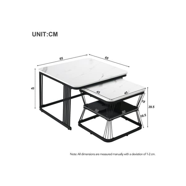 Set om 2 moderna soffbord, 2 bord, mått 65x65x45 cm och 45x45x39.5 cm respektive.