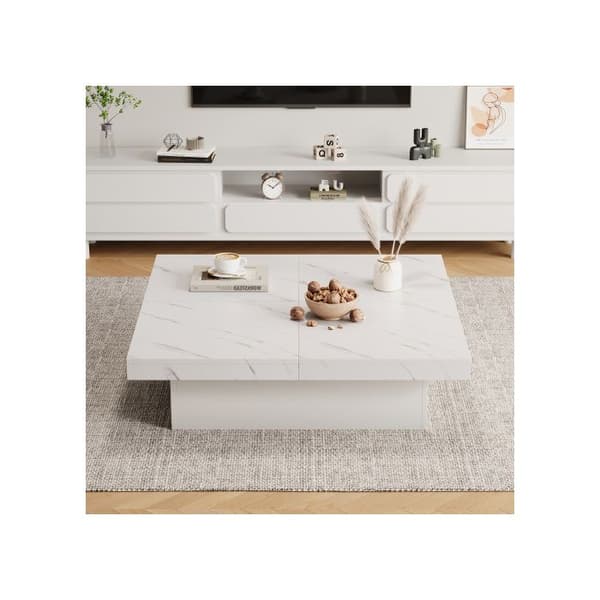 Modern kvadratisk vit soffbord marmor-effekt 90 x 90 x 25 cm - 4 lådor, utdragbar skiva, max. belastning 30 kg
