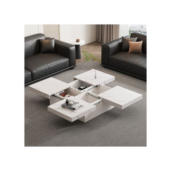Modern kvadratisk vit soffbord marmor-effekt 90 x 90 x 25 cm - 4 lådor, utdragbar skiva, max. belastning 30 kg